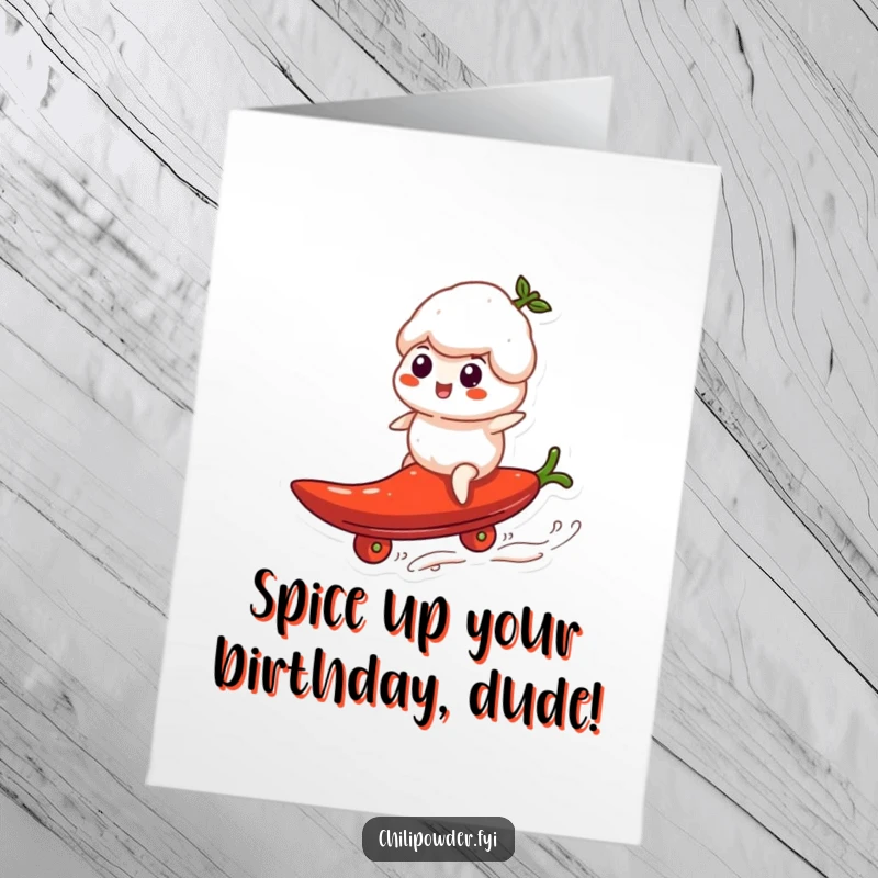 Funny Free Printable Birthday Card: Chili puff shredding a rolling pepper like a surfboard with a grin.