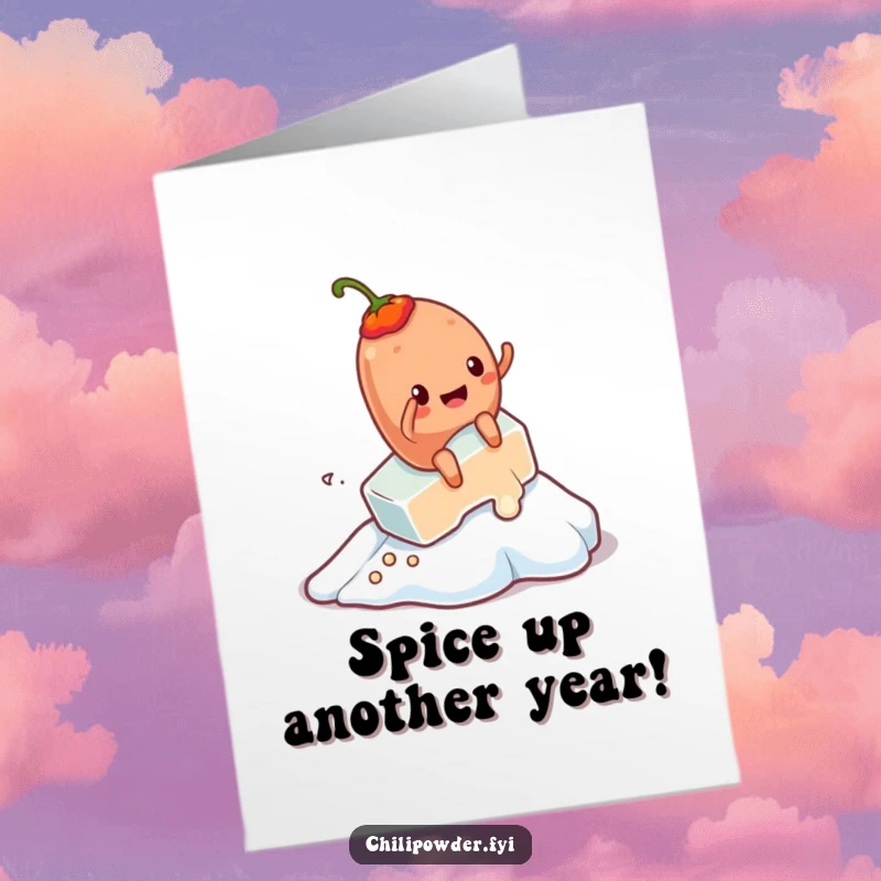 Funny Free Printable Birthday Card: Kawaii chili powder character gleefully slides down a melting ice cube on a snowy slope.