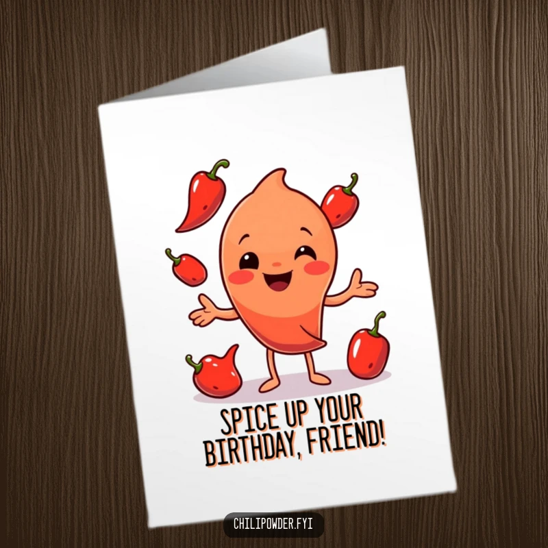 Funny Free Printable Birthday Card: A smiling chili powder character expertly juggling three red peppers, celebrating with skill and humor.