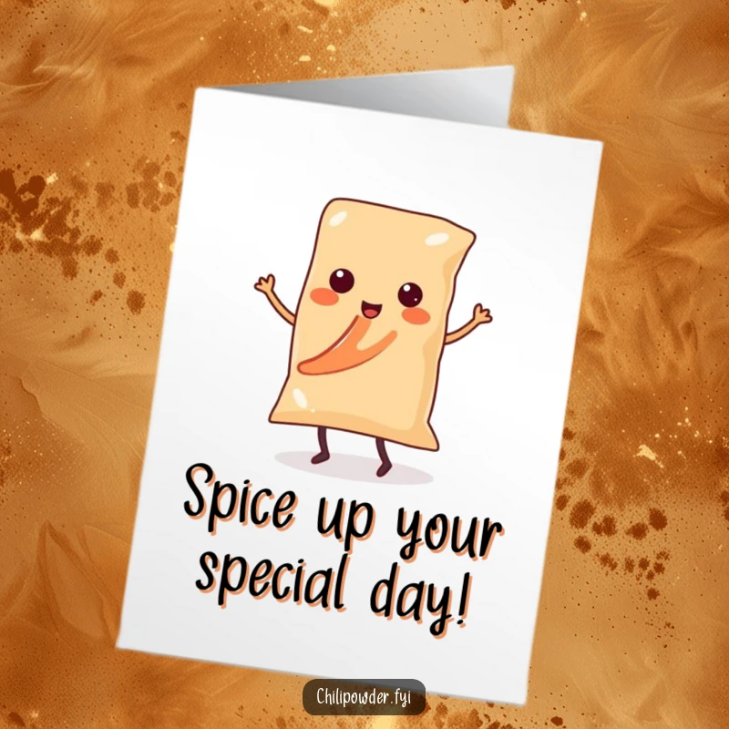 Funny Free Printable Birthday Card: A kawaii chili powder bag with tiny legs salsa dancing energetically. A vibrant and humorous greeting.