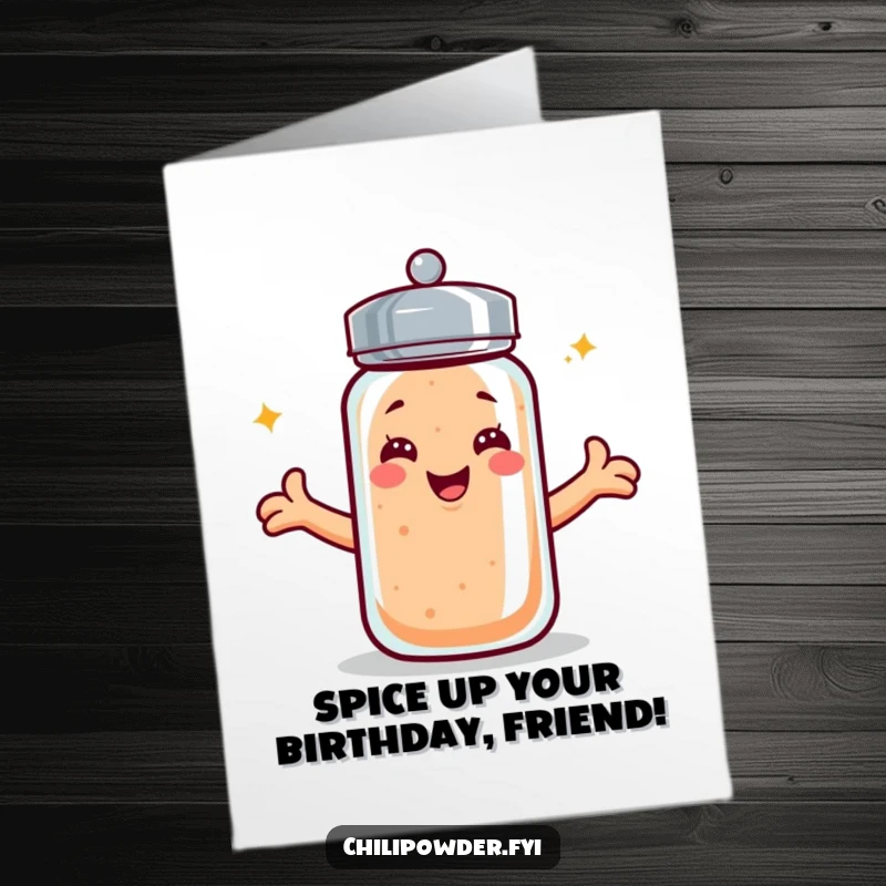 Funny Free Printable Birthday Card featuring a kawaii chili powder shaker giving a big, happy hug. Perfect for a warm greeting.