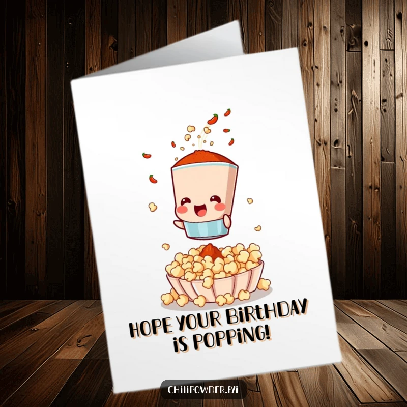 Funny free printable birthday card: a chili powder sifter excitedly showering popcorn with spices.