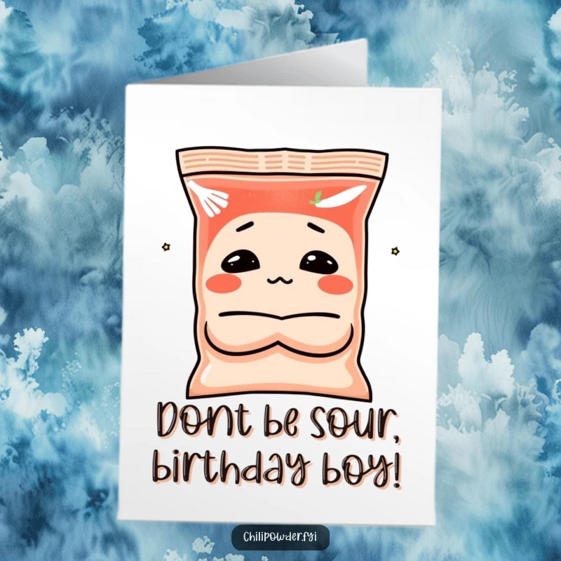 Funny Free Printable Birthday Card: Chili powder bag character making a funny, pouting face with crossed arms.