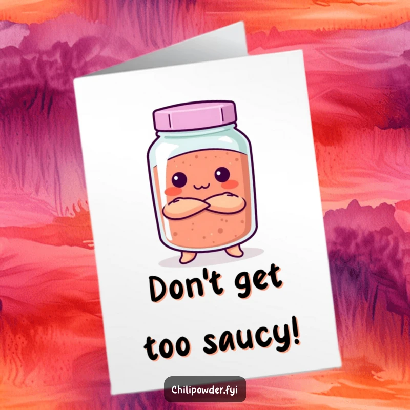 Funny Free Printable Birthday Card: A kawaii chili powder jar with arms crossed, looking sternly but playfully. Humorous and eye-catching design.