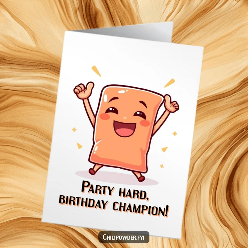 Funny Free Printable Birthday Card: A small chili powder pouch doing a victorious dance with a triumphant grin, a downloadable gift.