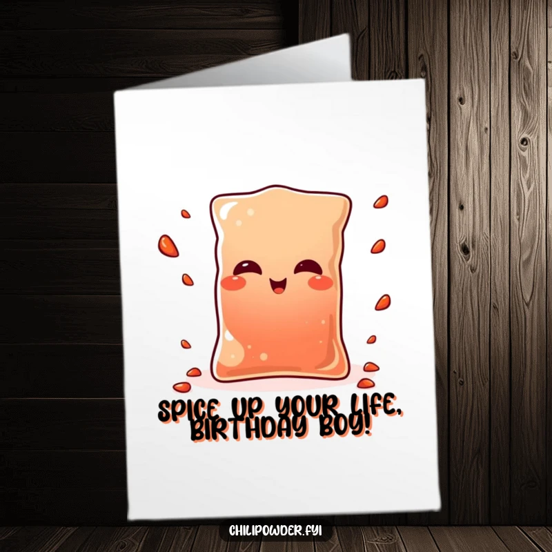 Funny Free Printable Birthday Card: Kawaii chili pouch winking while playfully juggling small pepper flakes for a festive greeting.