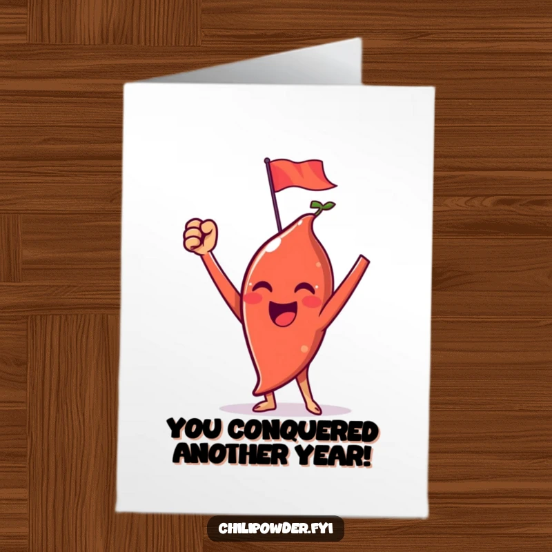 Free Printable Birthday Card: Chili powder character raises arms in triumph with a tiny flag.