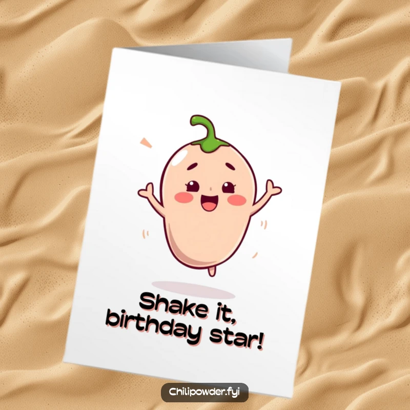 Funny Free Printable Birthday Card featuring a kawaii chili powder character doing a silly shimmy-shake dance with joy.