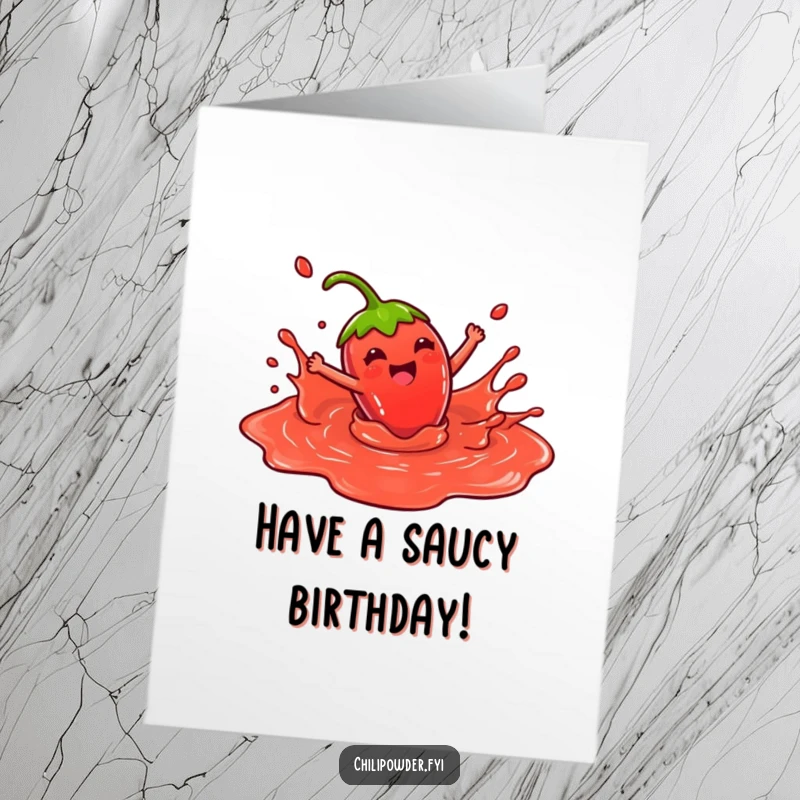 Funny Free Printable Birthday Card: A kawaii chili powder character gleefully splashes in a red sauce puddle.