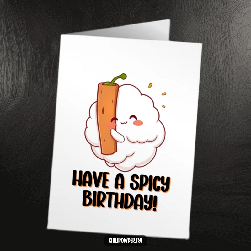 Funny Free Printable Birthday Card: Kawaii chili powder cloud playfully tickles a giant cinnamon stick with a mischievous look.