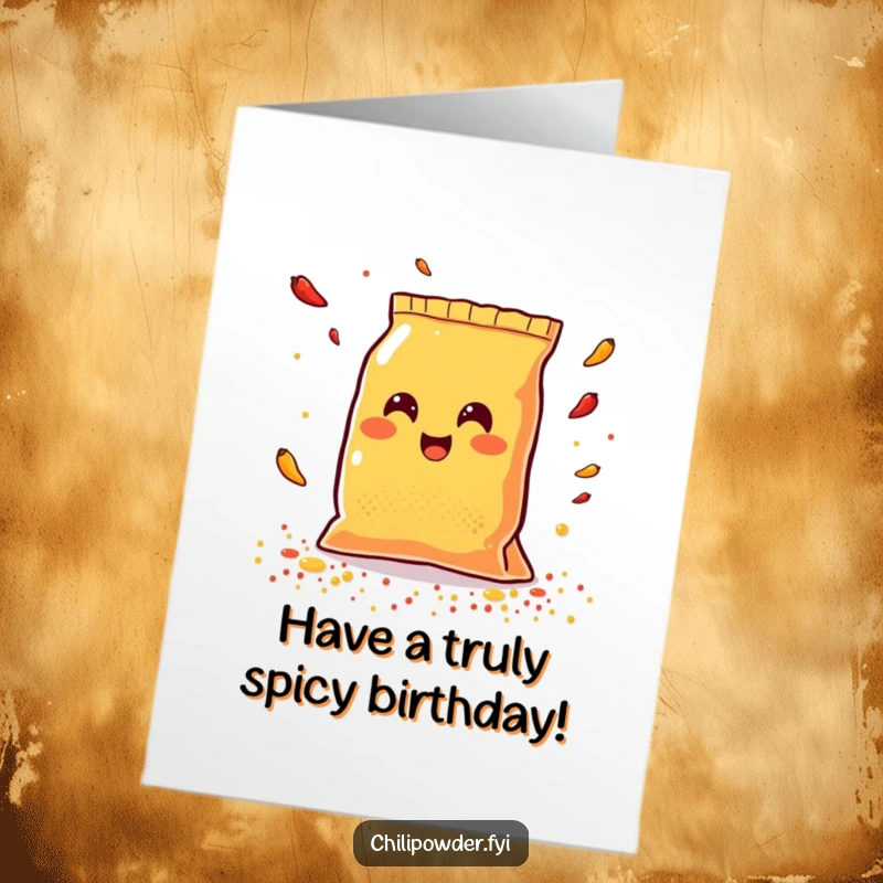Funny Free Printable Birthday Card: A smiling Kawaii chili powder bag joyfully scattering colorful spices for a festive birthday message.