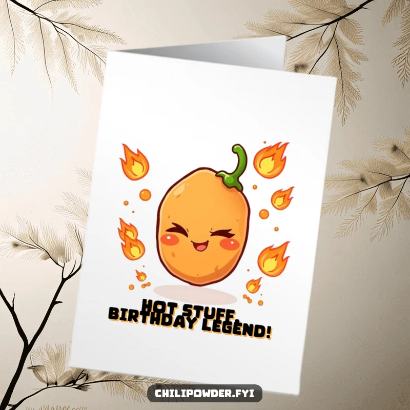 Funny free printable birthday card featuring a single chili powder grain winking mischievously while juggling small flames.