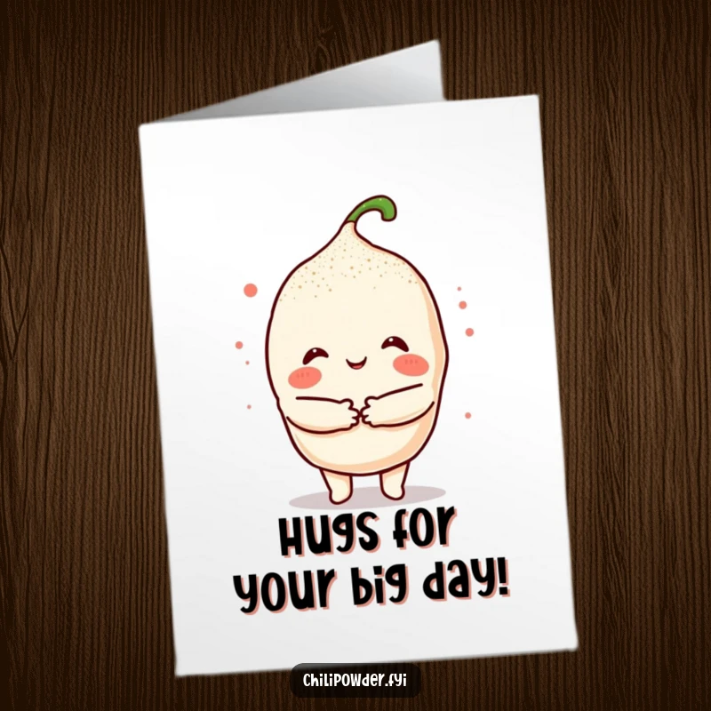 Free Printable Birthday Card: Kawaii chili powder character offering a soft, comforting hug with its powdery body.