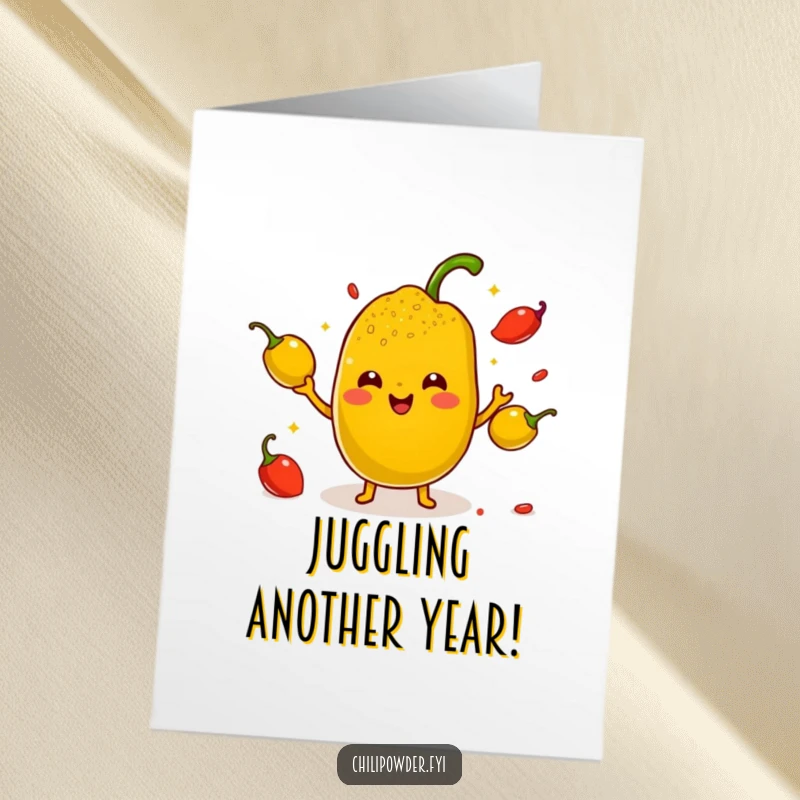 Funny free printable birthday card: Cute kawaii chili powder with tiny arms juggling small, smiling peppers, bringing birthday cheer.