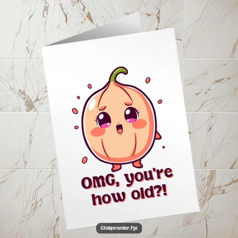 Free Printable Birthday Card: Chili powder character shows cartoonish shock with wide, surprised eyes.