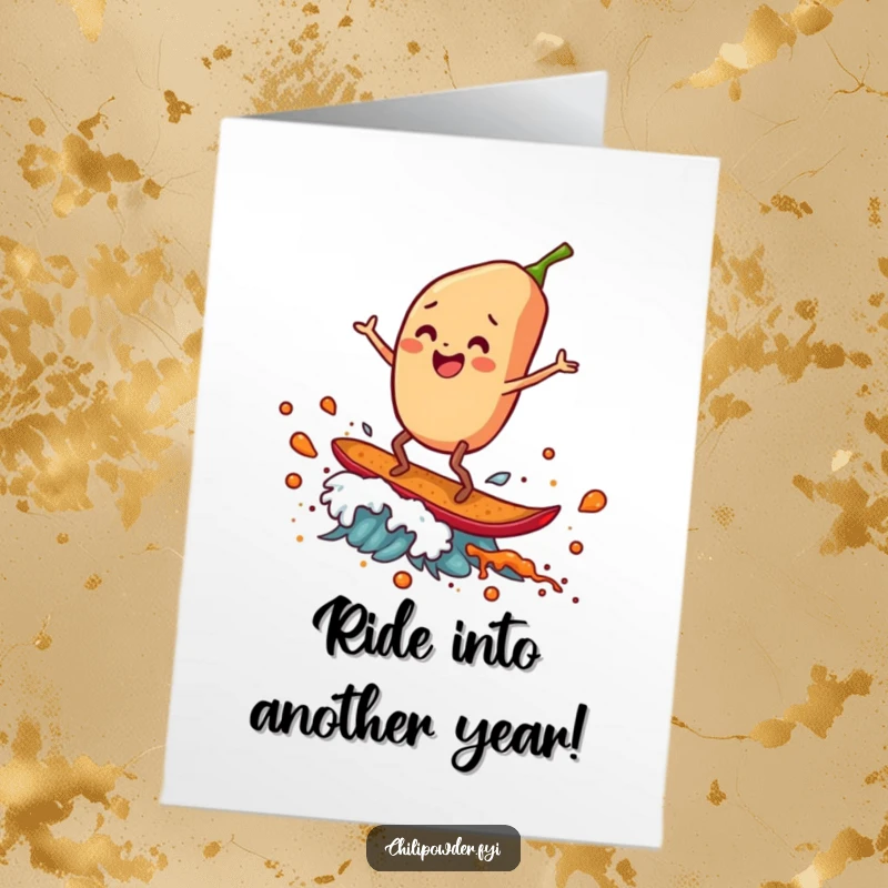 Funny Free Printable Birthday Card: A chili flake with legs joyfully surfing on a spicy wave.