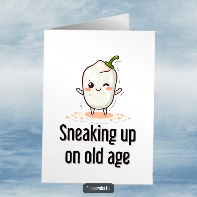 Funny free printable birthday card: Cute kawaii chili powder doing a silly tiptoe with a hidden smile, bringing playful surprise.