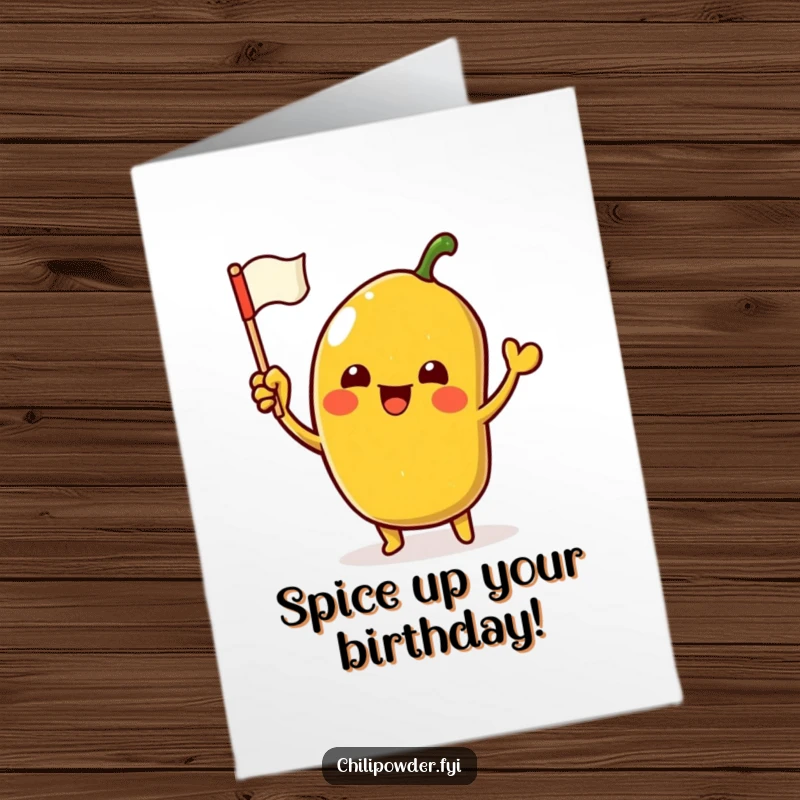 Funny Free Printable Birthday Card: Kawaii chili powder character excitedly waving a miniature flag with festive spirit.