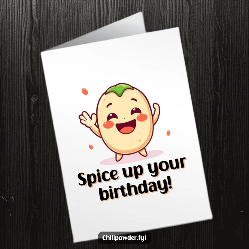 Funny free printable birthday card: Cute kawaii chili powder giving a cheerful wave and a wide smile, spreading birthday joy with humor.