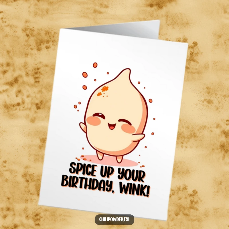 Funny Free Printable Birthday Card: Chili powder character winking mischievously while sprinkling a pinch of spice.