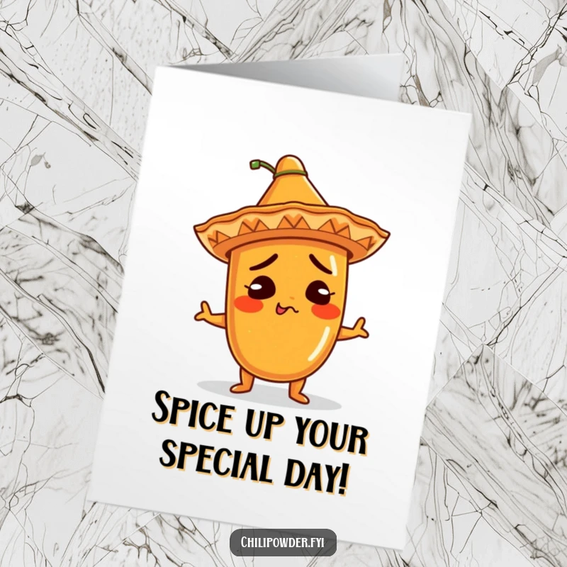 Funny Free Printable Birthday Card: A kawaii chili powder character wearing a sombrero shrugs innocently.