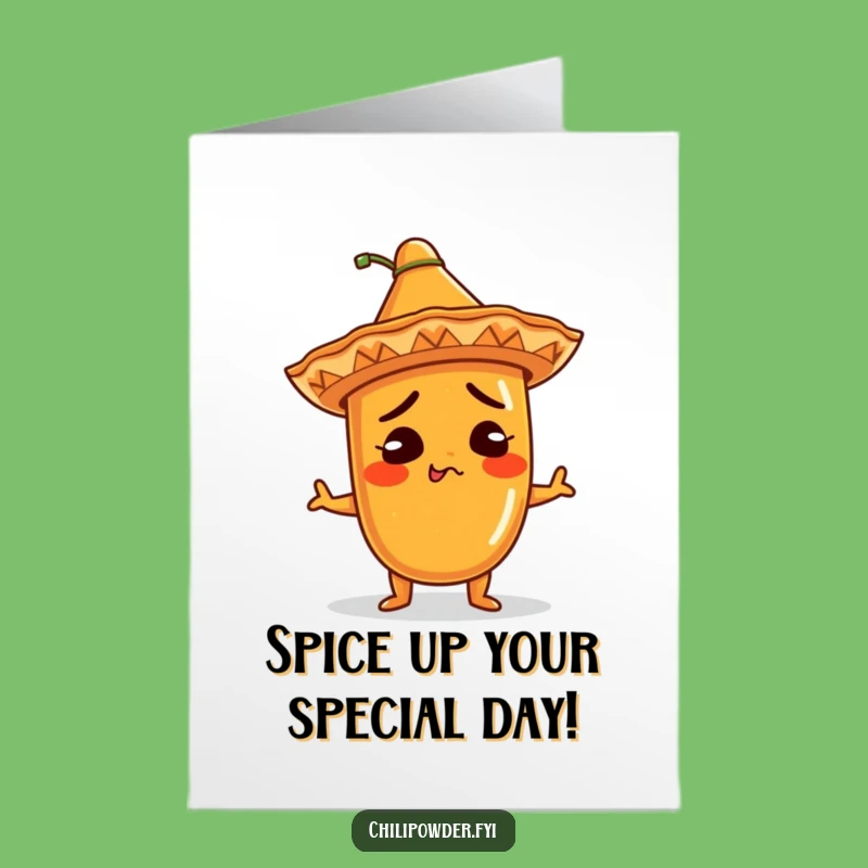Free Printable Funny Birthday Card: Shrugging Kawaii Chili w/ Sombrero