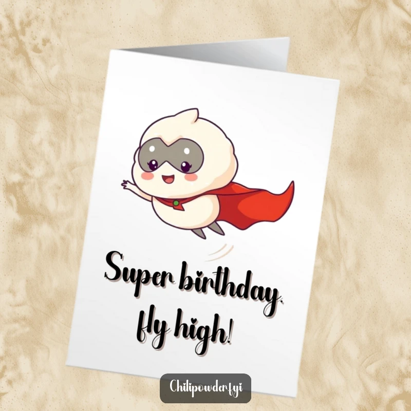 Funny Free Printable Birthday Card: Chili puff wearing a red cape, flying heroically through the sky.
