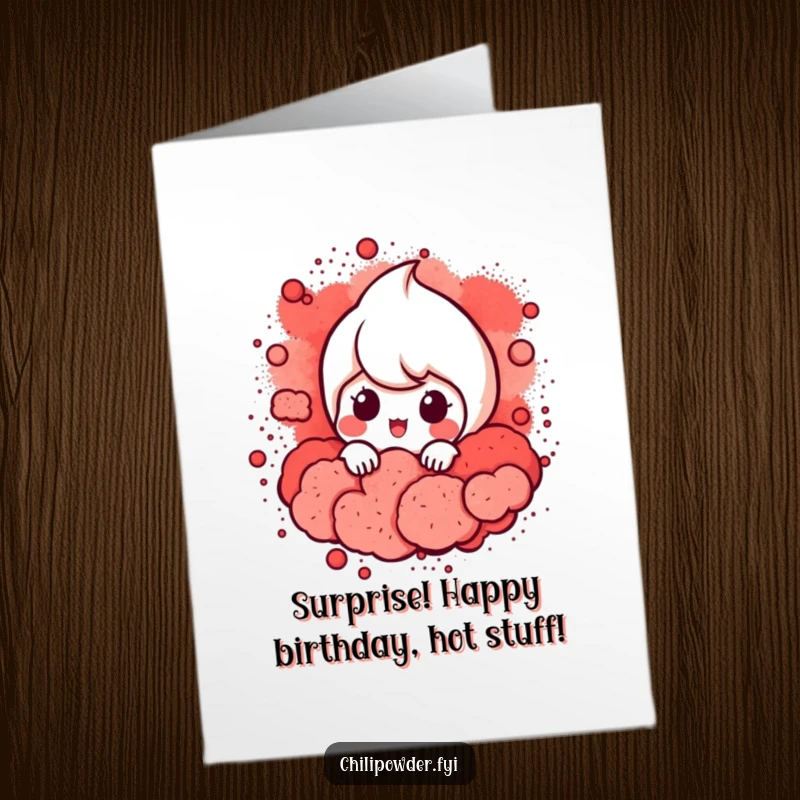Funny Free Printable Birthday Card: A chili powder character playfully peeking from a cloud of red powder, hinting at fun.