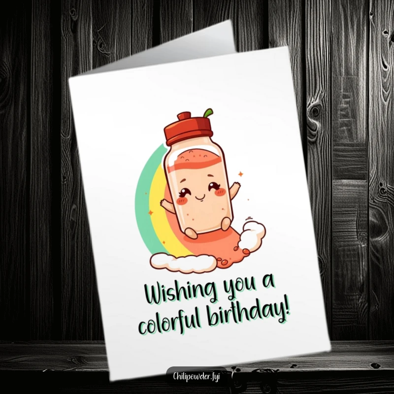 Funny free printable birthday card featuring a chili powder shaker with a smirk sliding down a rainbow.