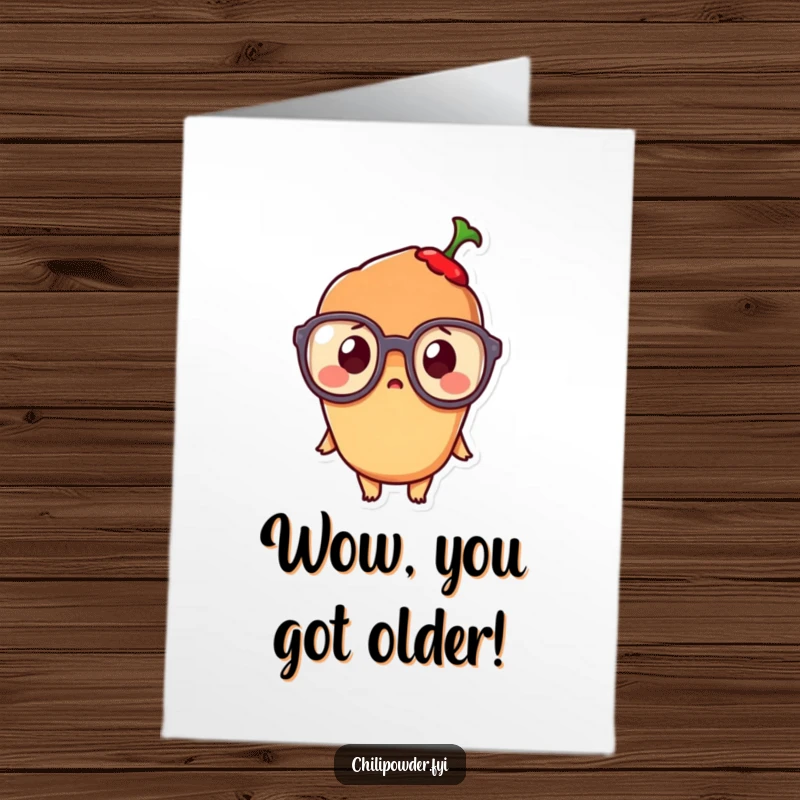 Funny Free Printable Birthday Card: adorable kawaii chili powder with huge glasses, eyes wide in comical surprise.