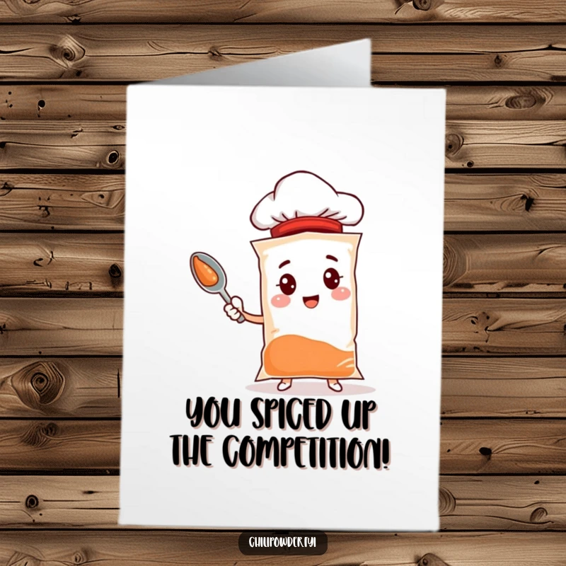 Funny Free Printable Congratulations Card: Chili powder bag character wearing a chef hat, proudly holding a spoon.