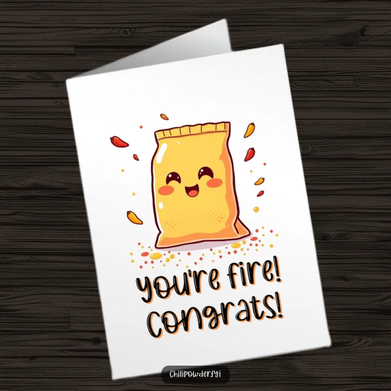Funny Free Printable Congrats Card: A cheerful Kawaii chili powder bag excitedly scattering colorful spices to mark a special occasion.
