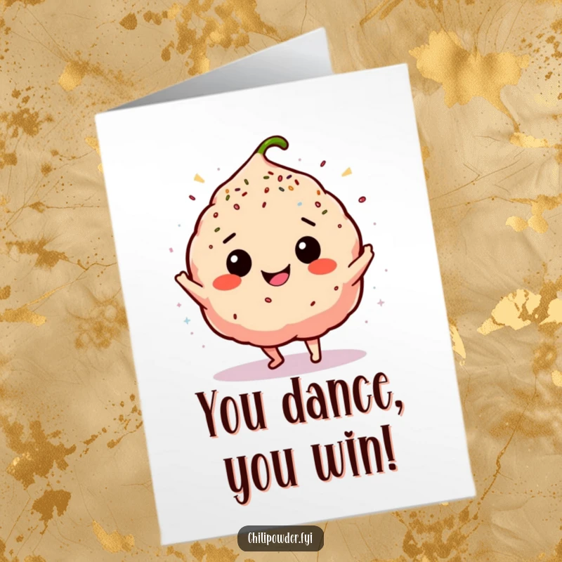 Funny Free Printable Congrats Card: Chili puff doing a happy dance, showering in sprinkles.