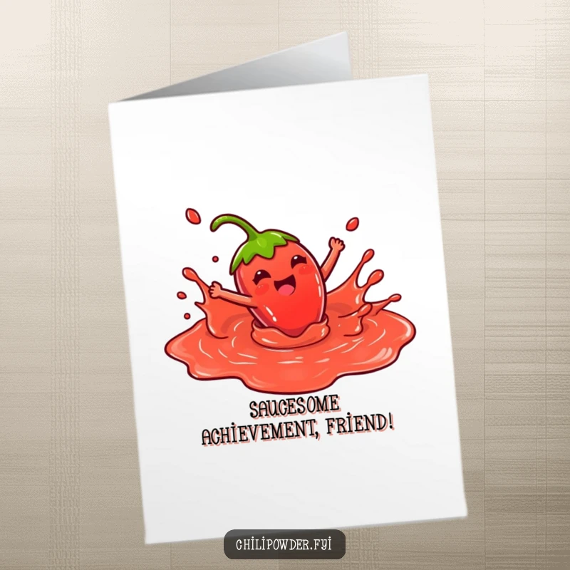 Funny Free Printable Congratulations Card: A happy kawaii chili powder character joyfully splashes in red sauce.