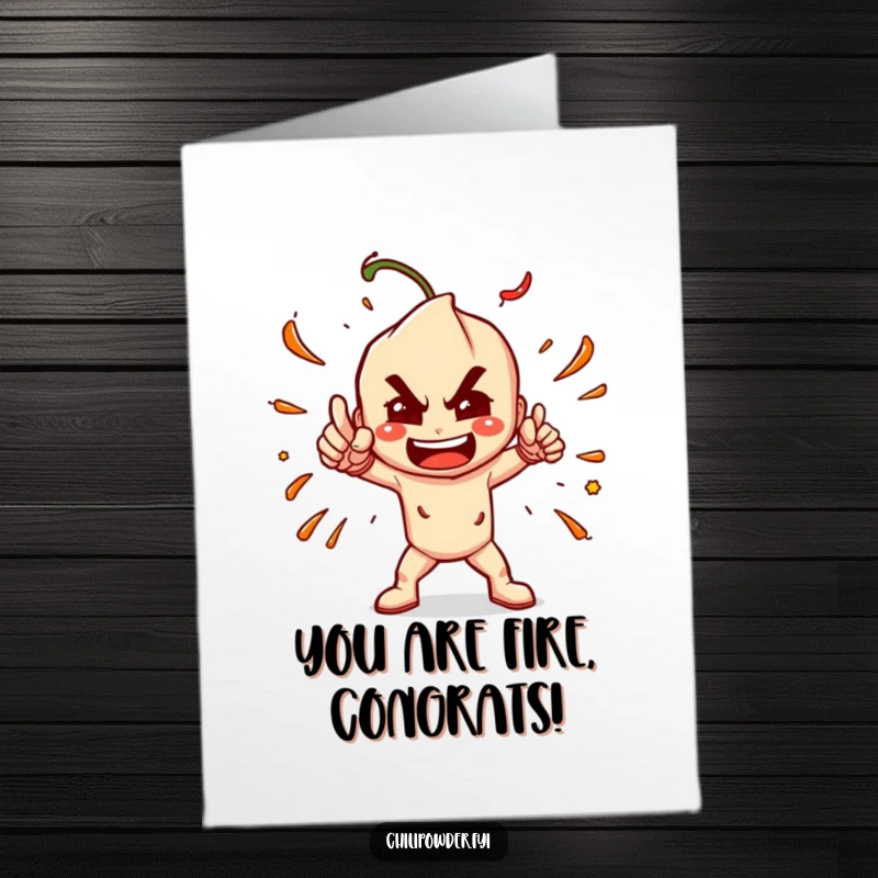 Funny Free Printable Congratulations Card: A chili powder character striking a powerful, spicy pose, celebrating a triumphant achievement.