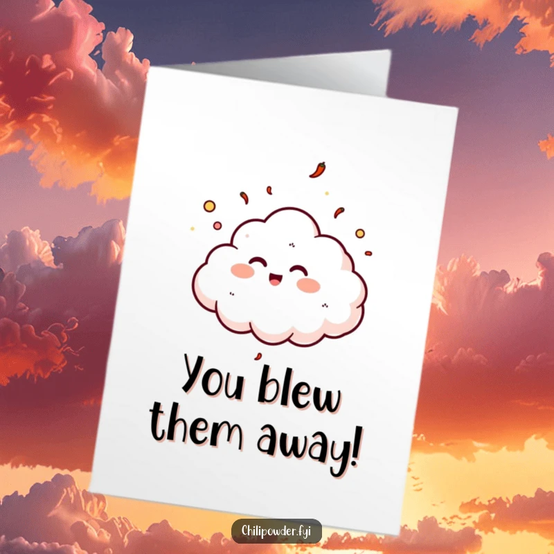 Funny Free Printable Congratulations Card: A chili powder cloud with a giggling face, drifting upwards as a symbol of happy success.