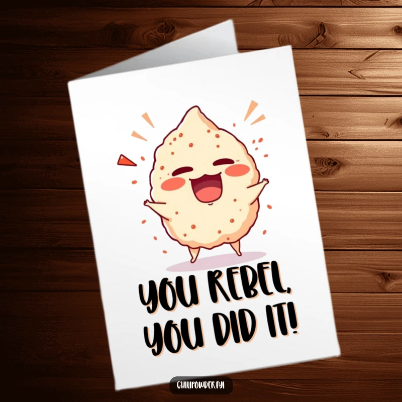 Funny Free Printable Congrats Card: Chili puff in a giggling tantrum, celebrating success.