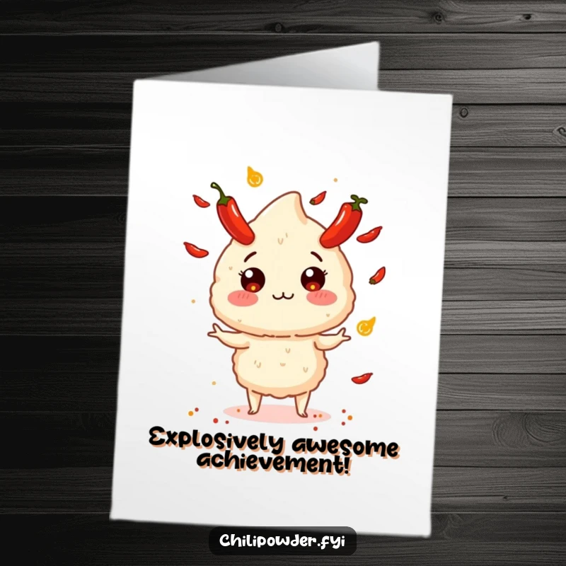 Funny Free Printable Congrats Card: Chili puff skillfully juggling tiny exploding peppers, beaming.