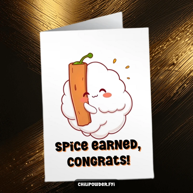 Funny Free Printable Congrats Card: Kawaii chili powder cloud playfully tickling a giant cinnamon stick in a humorous celebration.