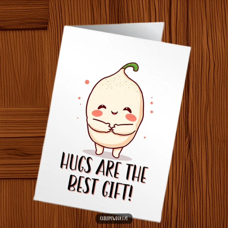 Free Printable Congratulations Card: A kawaii chili powder character giving a big, warm hug with its powder body.