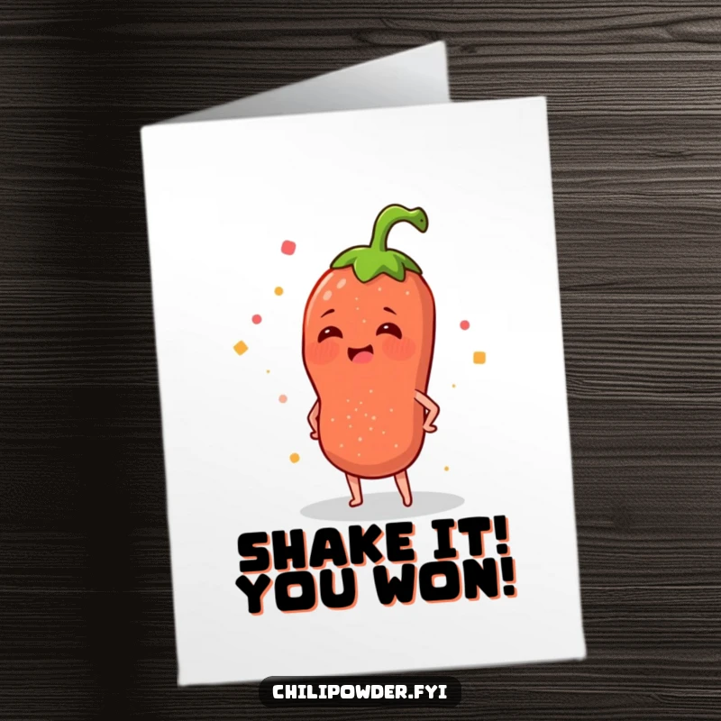 Funny free printable congratulations card: a chili powder sprinkle wiggling its hips with glee.