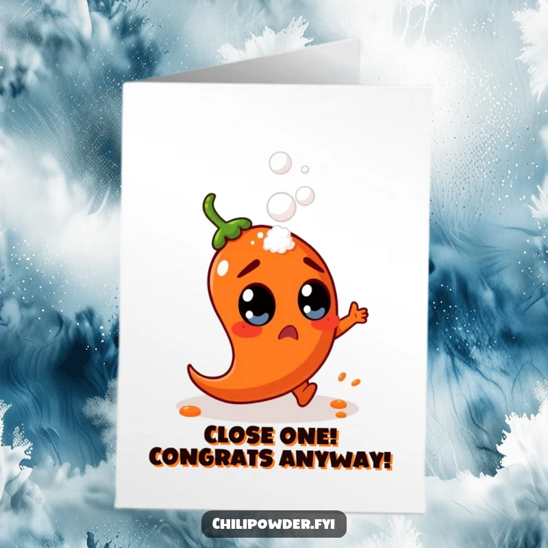 Funny Free Printable Congrats Card: A surprised chili powder character dodging a falling salt shaker, perfect for downloadable congrats.