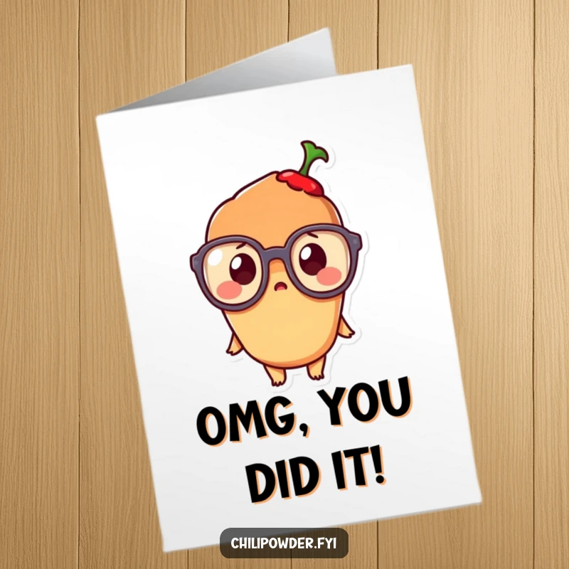 Funny Free Printable Congratulations Card: A cute kawaii chili character in oversized glasses, expressing comical shock and delight.