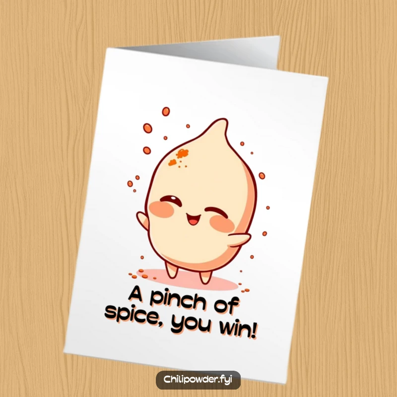 Free Printable Congratulations Card: Chili powder character winking slyly while sprinkling a pinch of spice.