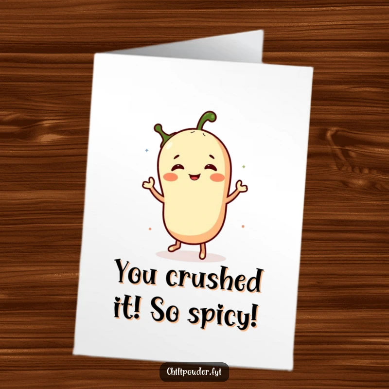 Funny free printable congratulations card showing a chili powder character performing a happy, energetic jig. Great for joyous occasions.