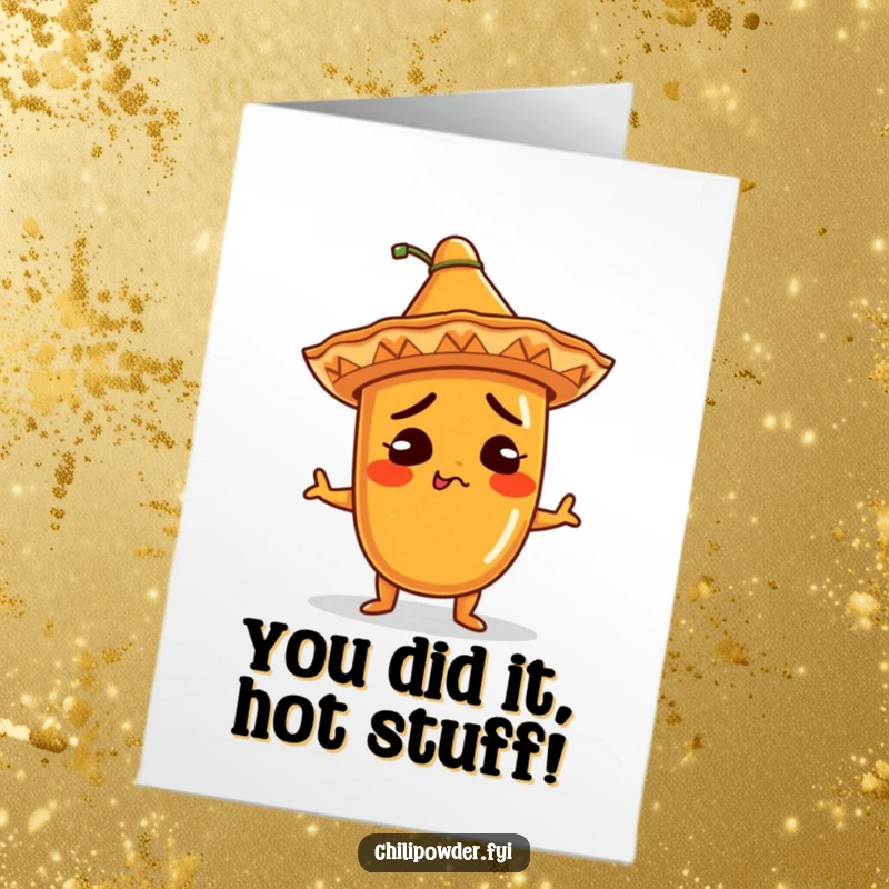 Funny Free Printable Congratulations Card: A kawaii chili powder character in a sombrero shrugs playfully.