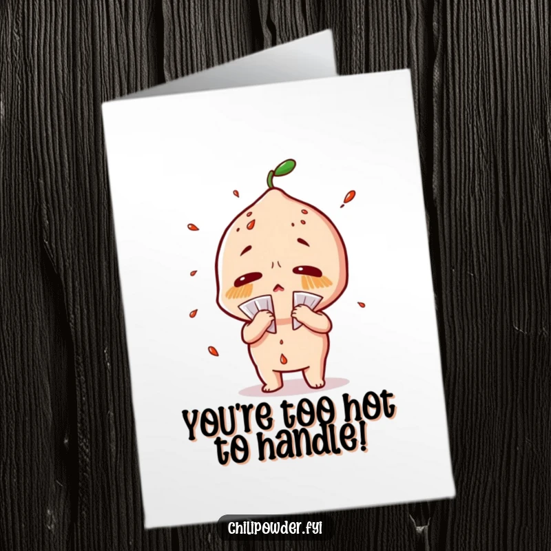 Funny Free Printable Congratulations Card: Chili powder character fans itself, sweating profusely.