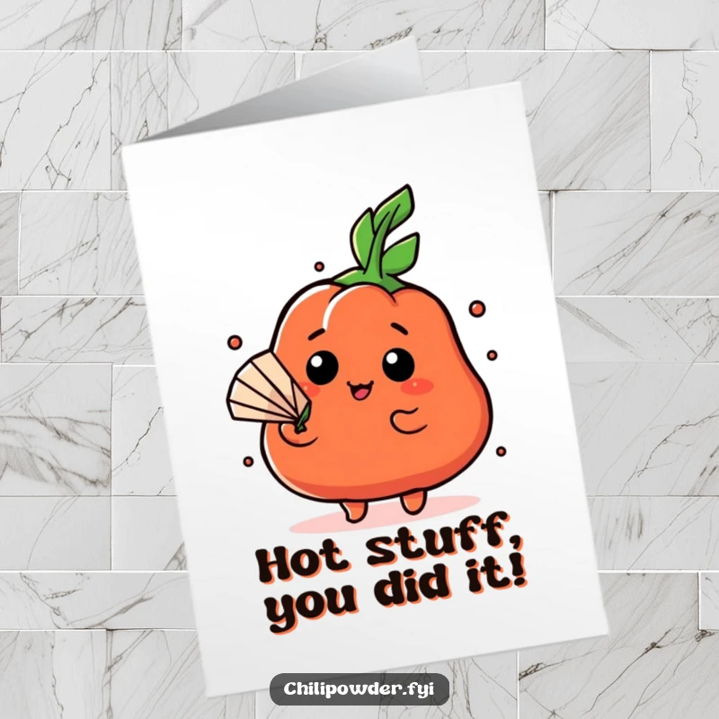 Funny Free Printable Congratulations Card: A kawaii chili powder character fanning itself dramatically with a leaf, celebrating a cool achievement. Humorous and stylish.