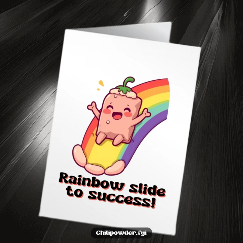 Funny Free Printable Congrats Card: Chili bag comically sliding down a vibrant rainbow, cheering ecstatically.