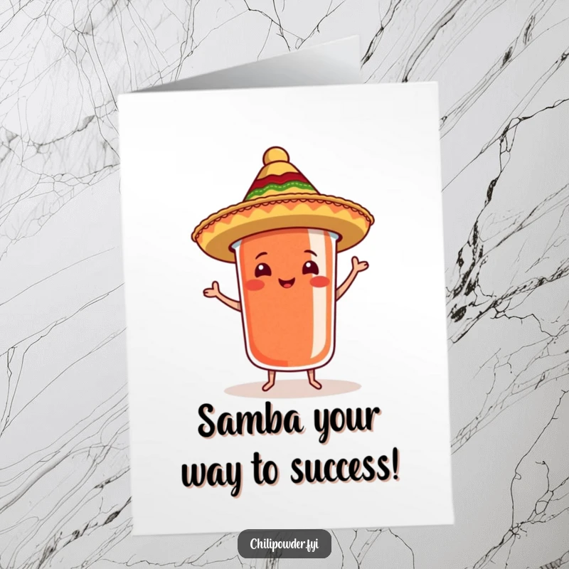 Funny Free Printable Congratulations Card: A chili powder container wearing a miniature sombrero, captured mid-samba dance step, celebrating success.